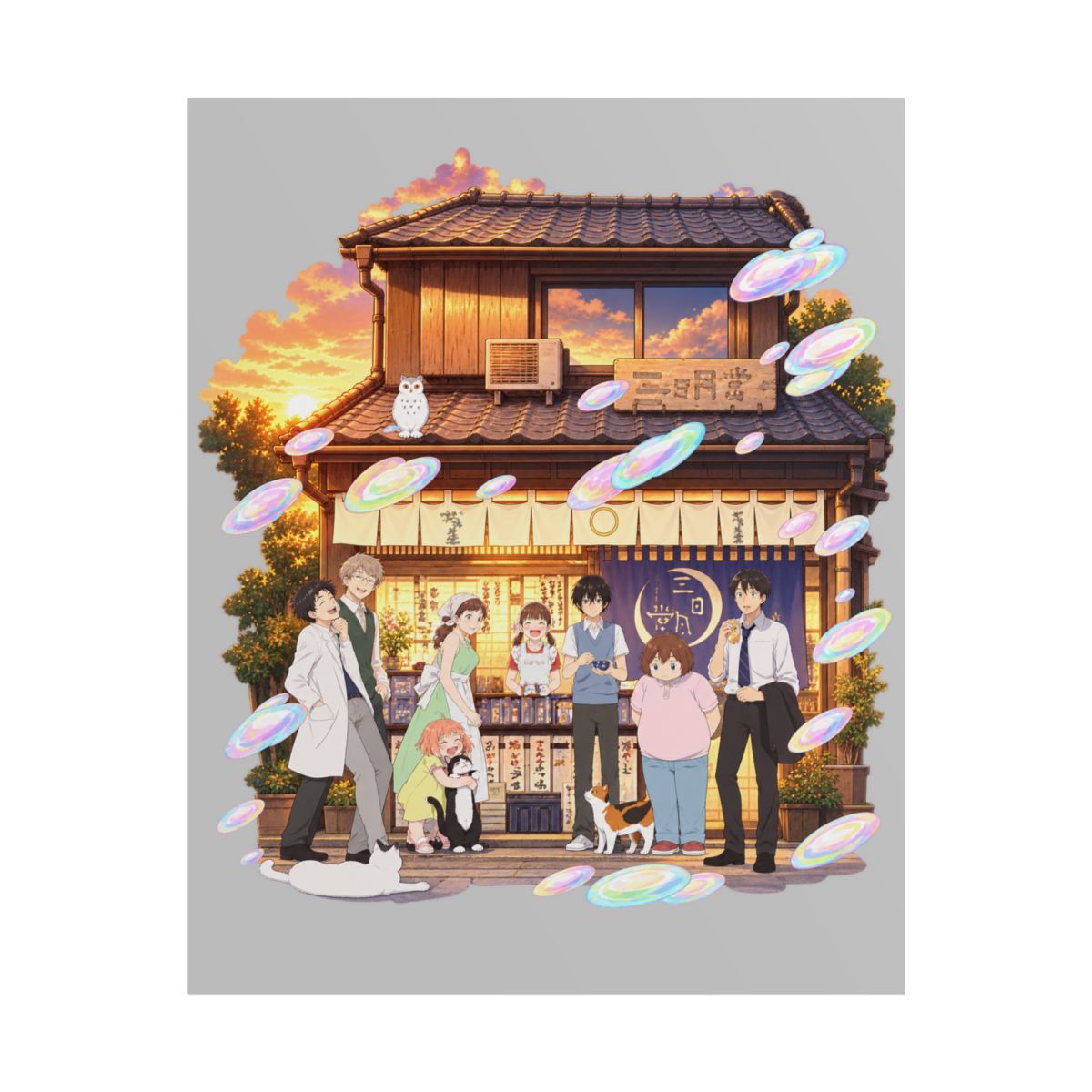 Anime Shopfront Scene Rolled Poster | Cozy Sunset Characters | March Comes in Like a Lion Anime Merch