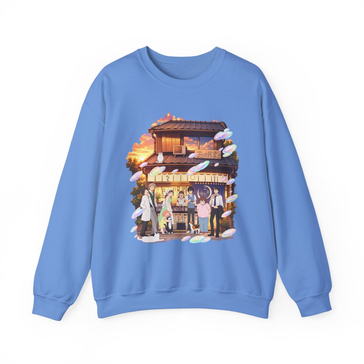 Cozy Anime Street Shop Scene Sweatshirt | Evening Lanterns, Characters, Sakura Petals | March Comes in Like a Lion Anime Merch - alternate angle 3, merchandise