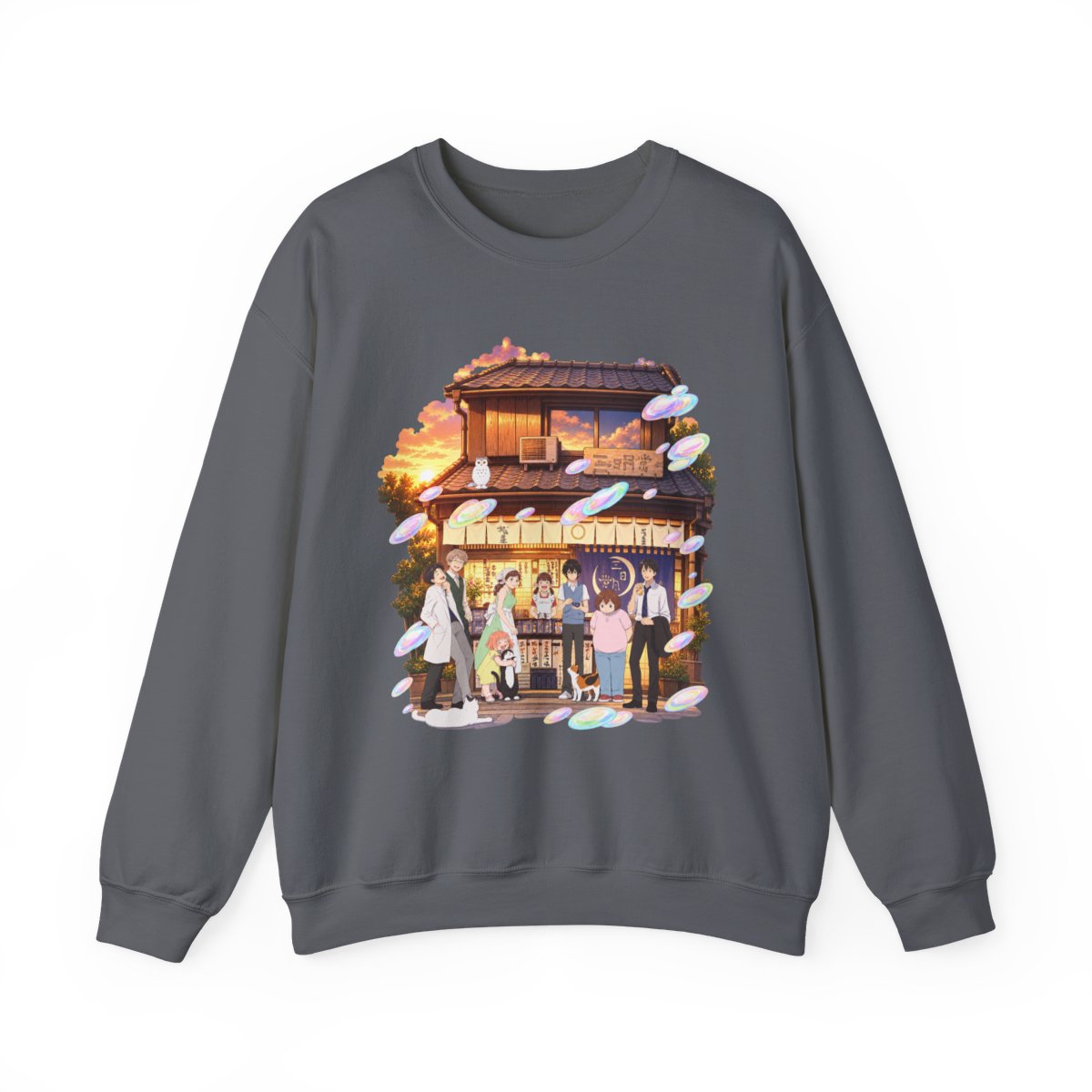 Cozy Anime Street Shop Scene Sweatshirt | Evening Lanterns, Characters, Sakura Petals | March Comes in Like a Lion Anime Merch - alternate angle 4, merchandise