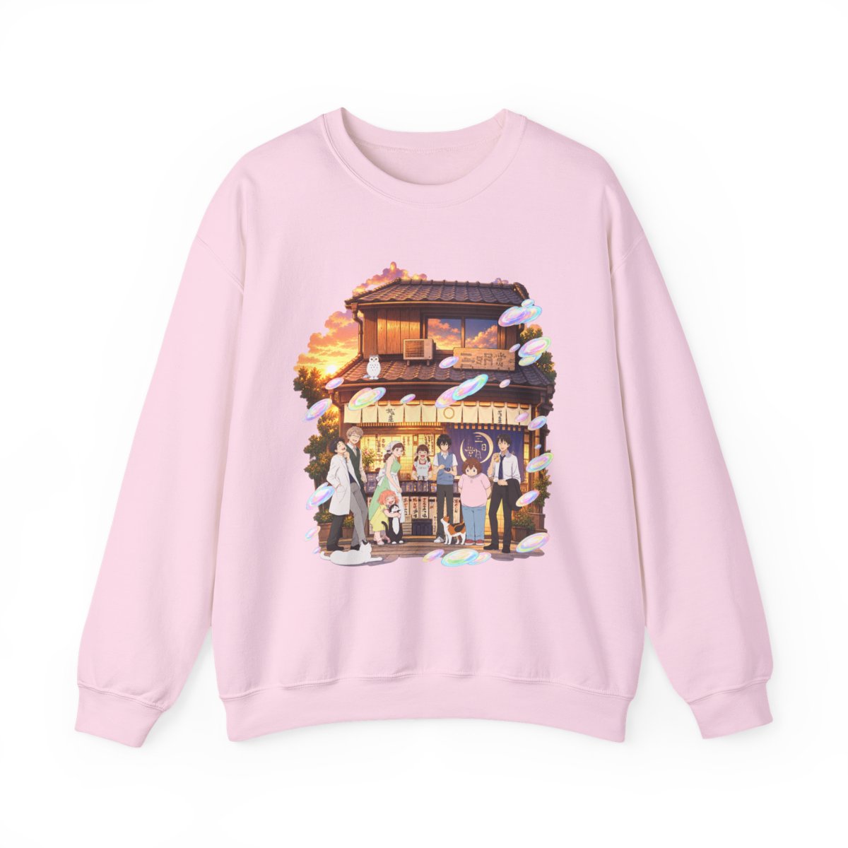 Cozy Anime Street Shop Scene Sweatshirt | Evening Lanterns, Characters, Sakura Petals | March Comes in Like a Lion Anime Merch - alternate angle 5, merchandise