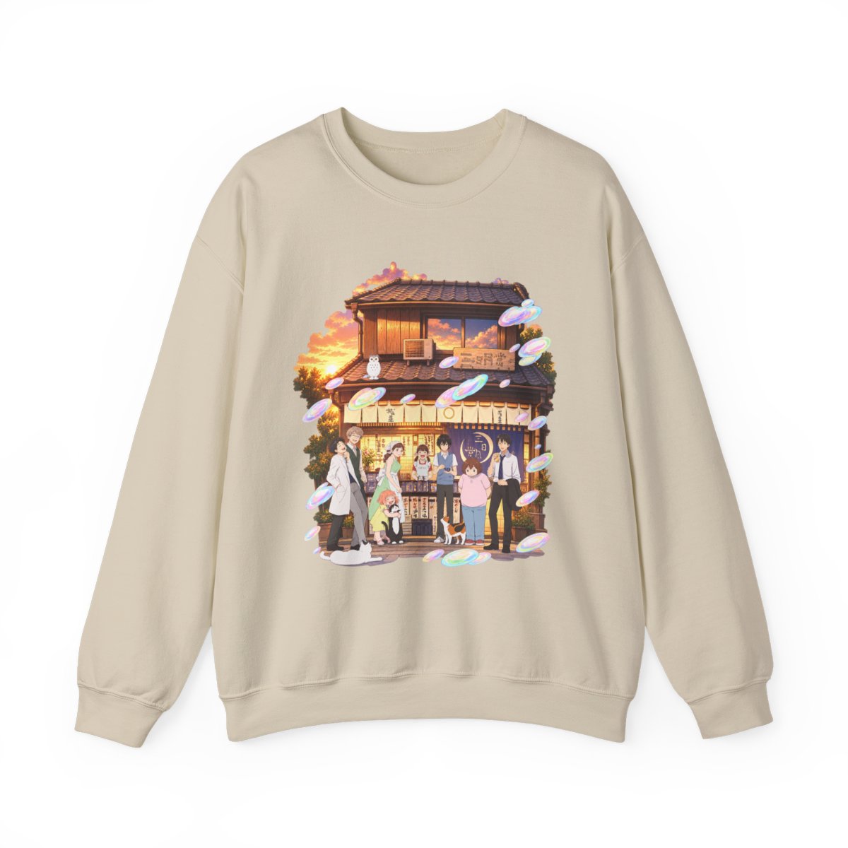Cozy Anime Street Shop Scene Sweatshirt | Evening Lanterns, Characters, Sakura Petals | March Comes in Like a Lion Anime Merch - alternate angle 2, merchandise