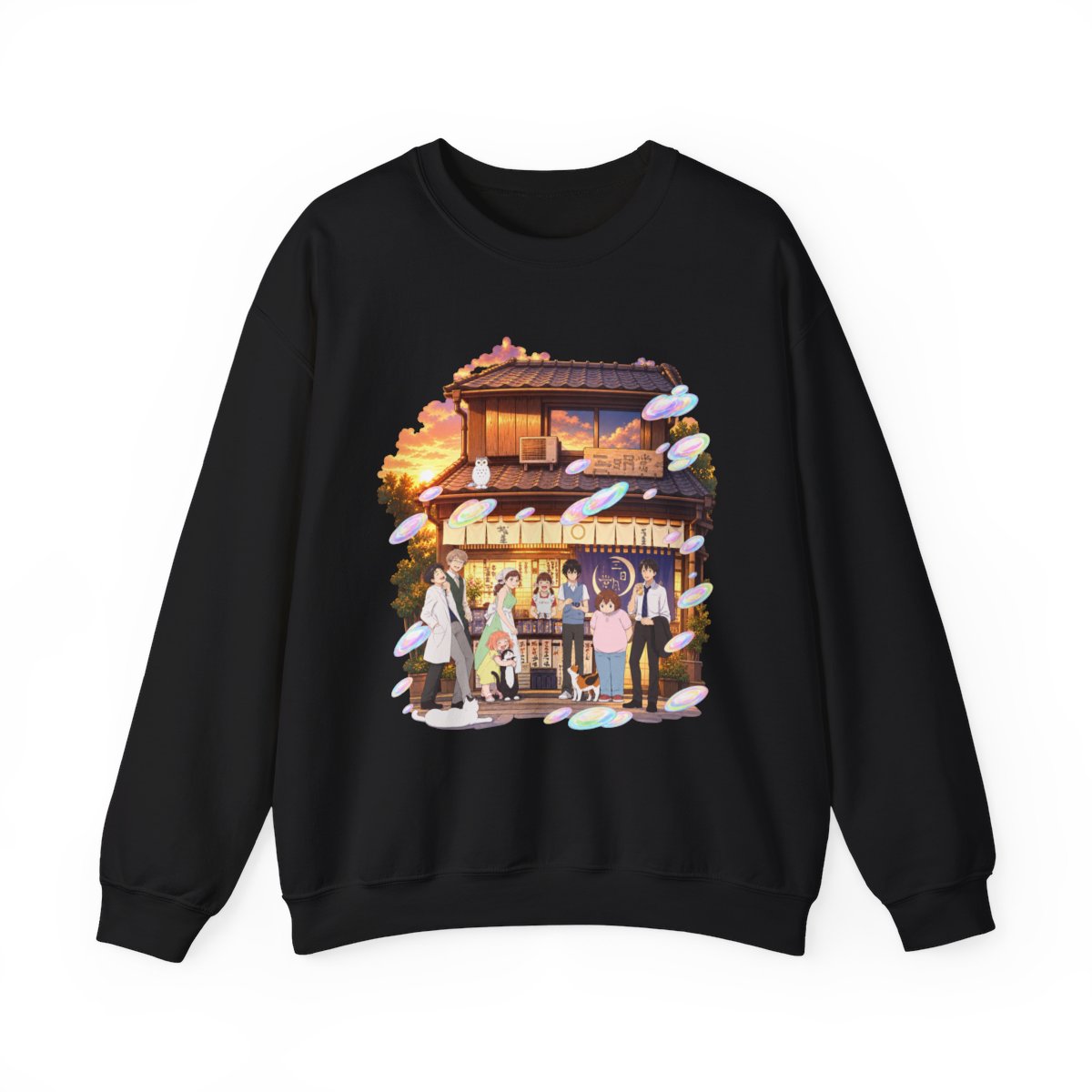 Cozy Anime Street Shop Scene Sweatshirt | Evening Lanterns, Characters, Sakura Petals | March Comes in Like a Lion Anime Merch