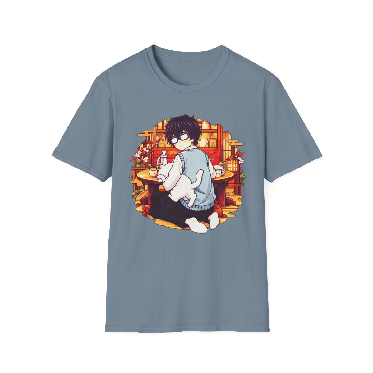 Cozy Anime Boy with Cat T-Shirt | Kawaii Room Illustration | March Comes in Like a Lion Anime Merch - alternate angle 4, merchandise