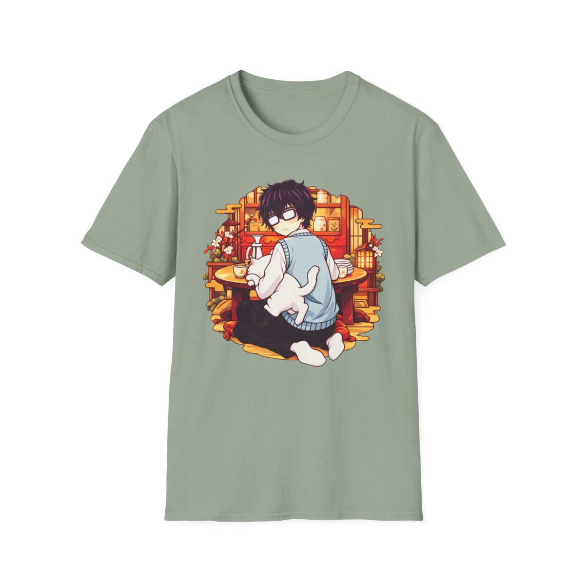 Cozy Anime Boy with Cat T-Shirt | Kawaii Room Illustration | March Comes in Like a Lion Anime Merch - alternate angle 2, merchandise