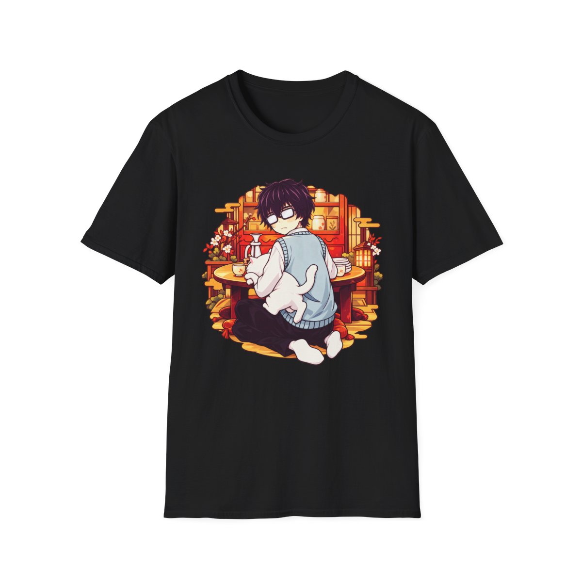 Cozy Anime Boy with Cat T-Shirt | Kawaii Room Illustration | March Comes in Like a Lion Anime Merch - Official T-Shirts merchandise