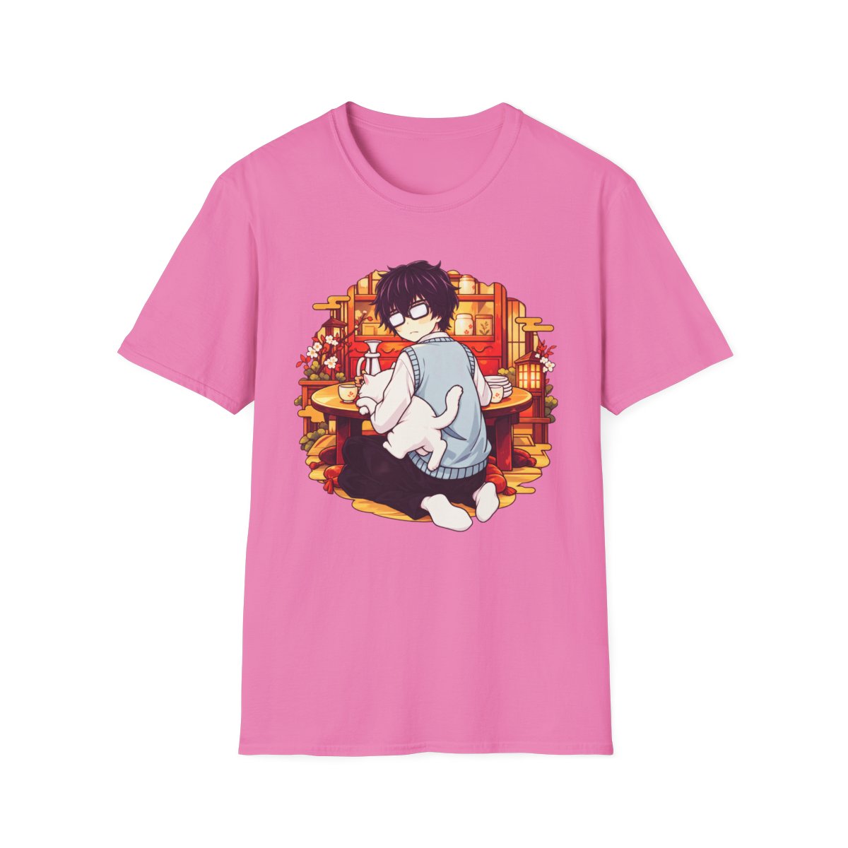Cozy Anime Boy with Cat T-Shirt | Kawaii Room Illustration | March Comes in Like a Lion Anime Merch - alternate angle 5, merchandise