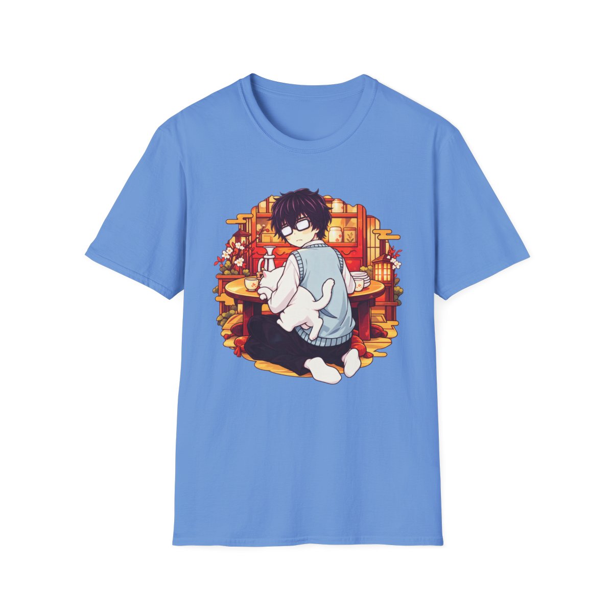 Cozy Anime Boy with Cat T-Shirt | Kawaii Room Illustration | March Comes in Like a Lion Anime Merch - alternate angle 3, merchandise