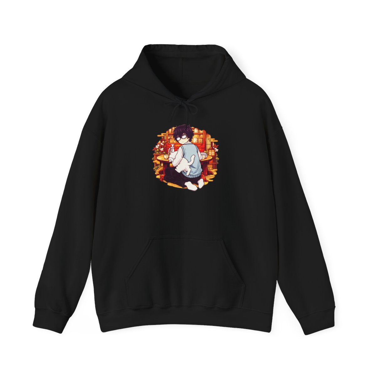 Cozy Cat Reading Hoodie | Cat with Books Sweatshirt, Autumn Library Design | March Comes in Like a Lion Anime Merch - alternate angle 2, merchandise