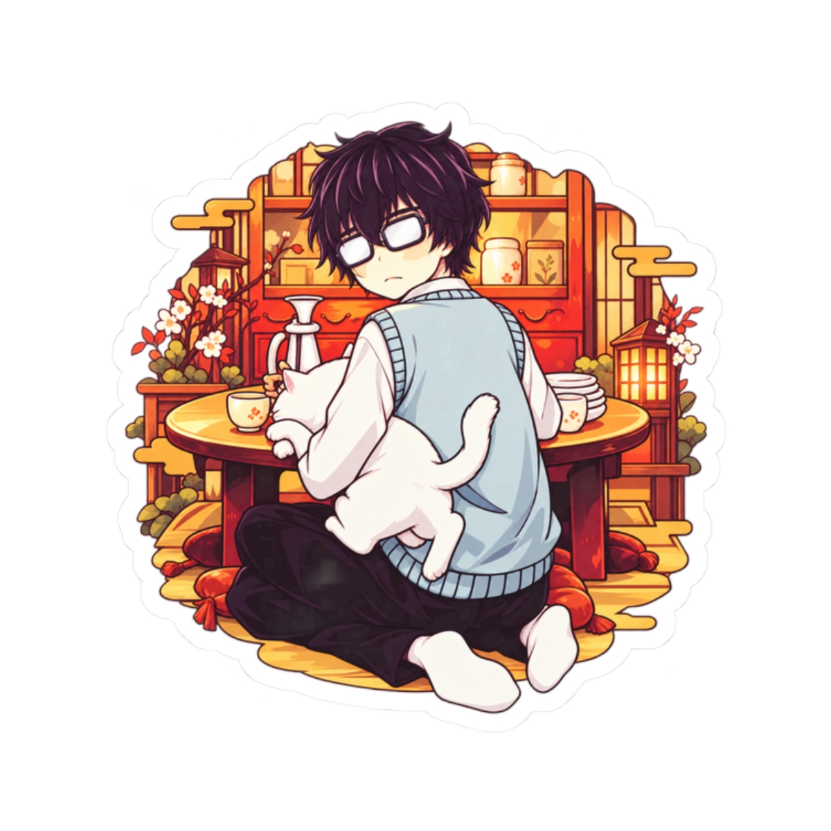 Cozy Anime Boy with Cat Sticker | Kiss-Cut Sticker | March Comes in Like a Lion Anime Merch - alternate angle 3, merchandise